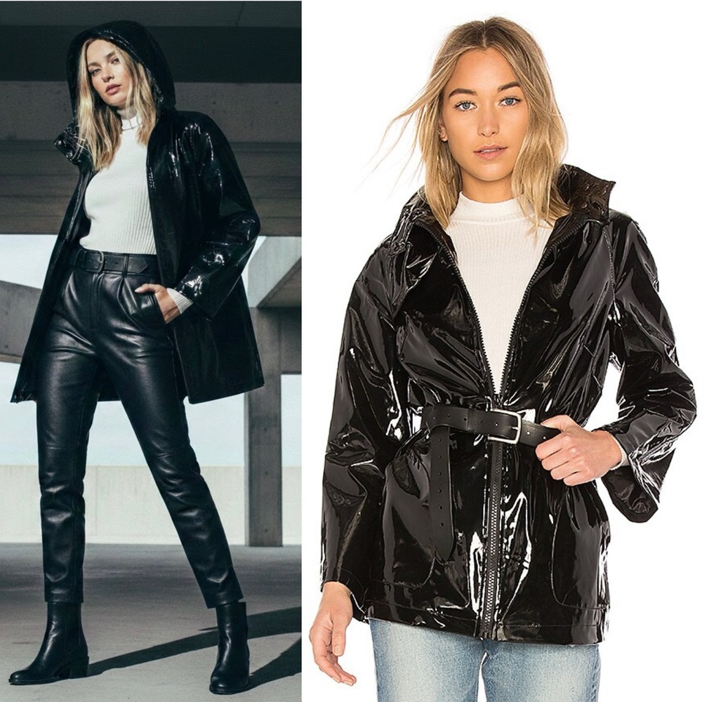 NEW ON PARLE DE VOUS PATENT FAUX LEATHER BLACK RAIN HOODED CACHE JACKET REVOLVE